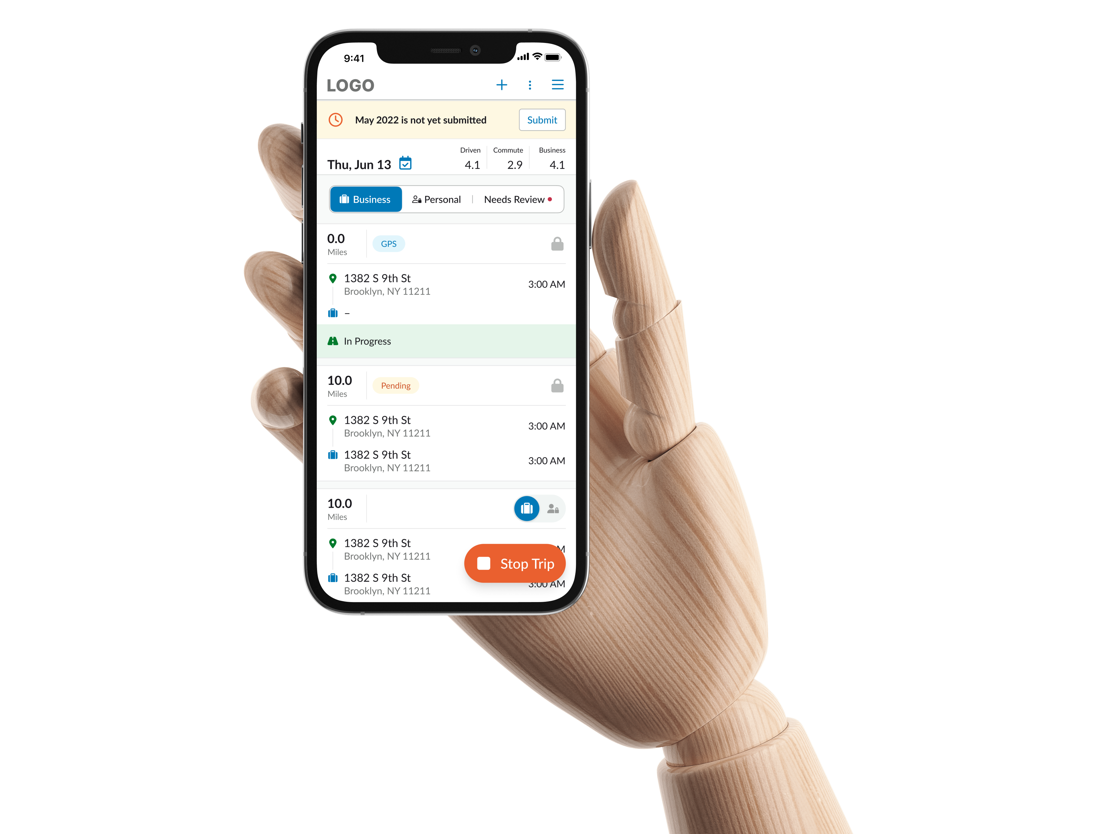 Wooden hand holding iPhone displaying workforce management app