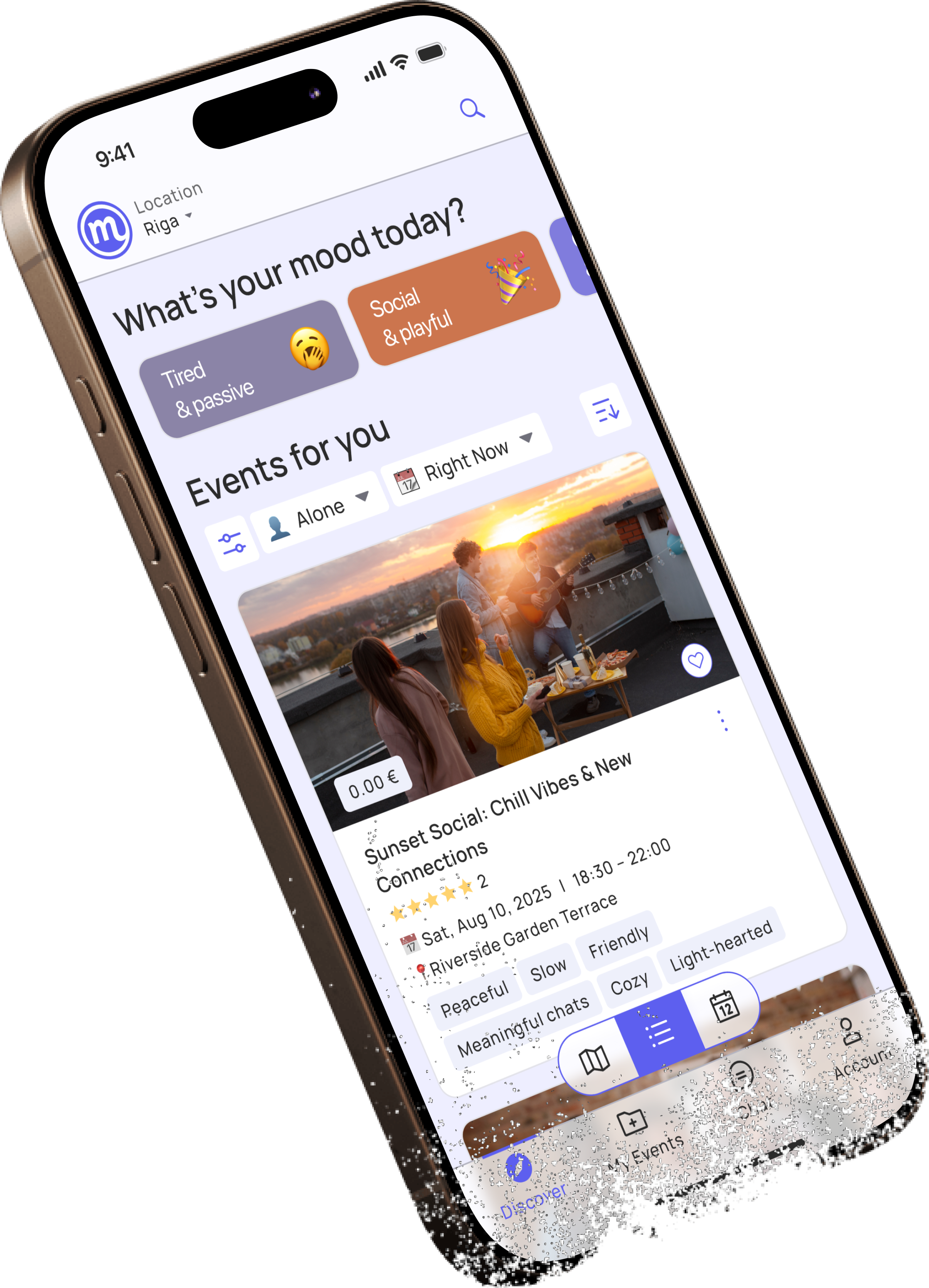 Meeta app home screen showing event feed