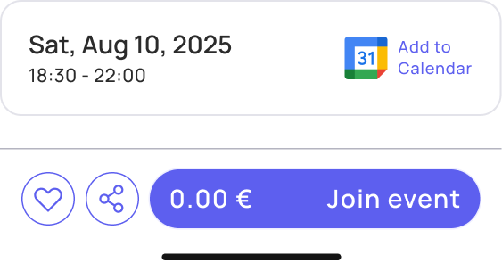 Simplified event detail card showing date, time, price, Add to Calendar button, and Join event action