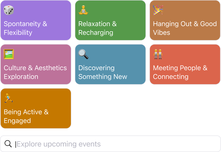 Search results grid displaying activity categories such as Spontaneity & Flexibility, Relaxation & Recharging, Hanging Out & Good Vibes, Culture & Aesthetics Exploration, Discovering Something New, and Meeting People & Connecting