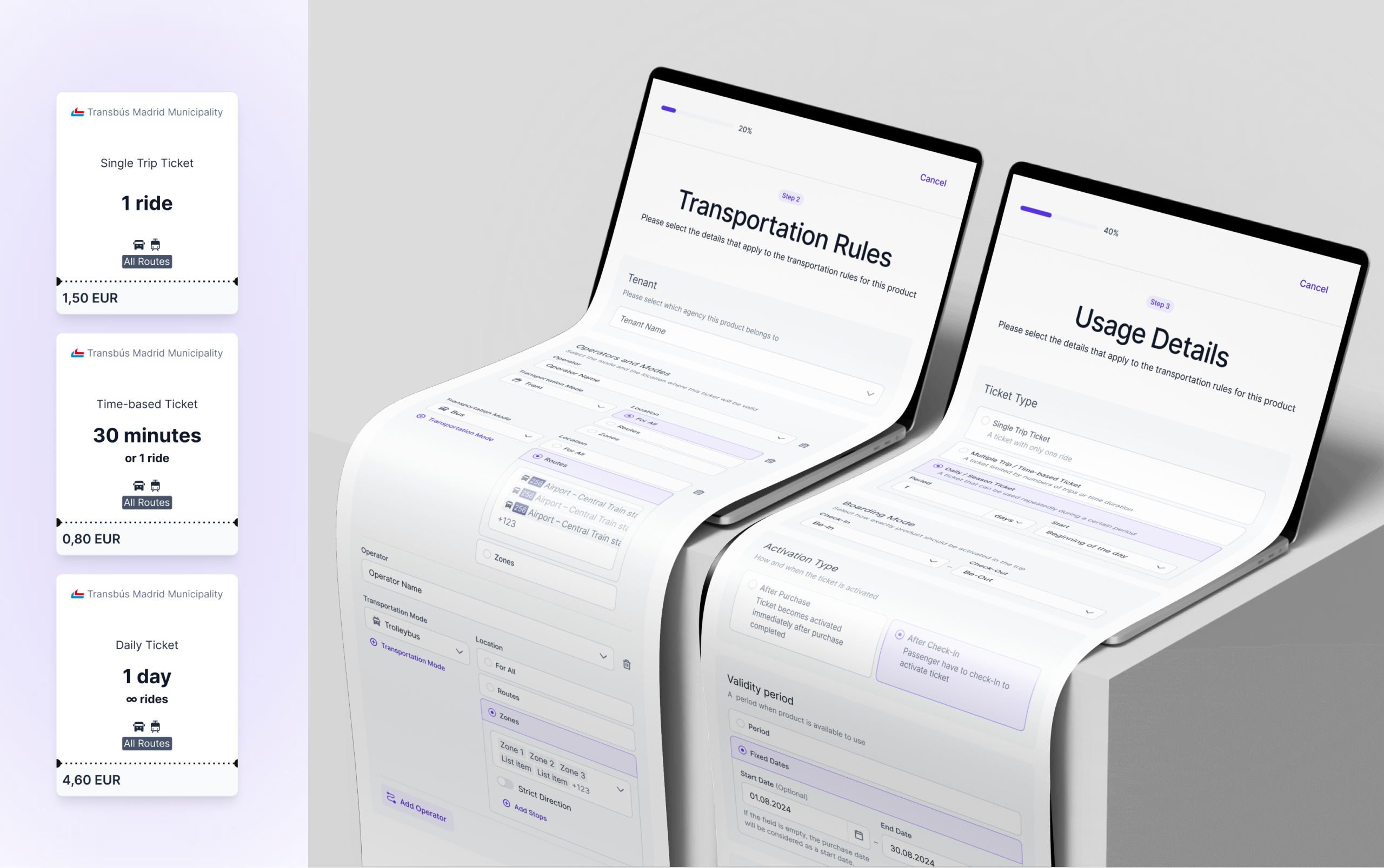 Wireframe layouts for smart ticketing interface