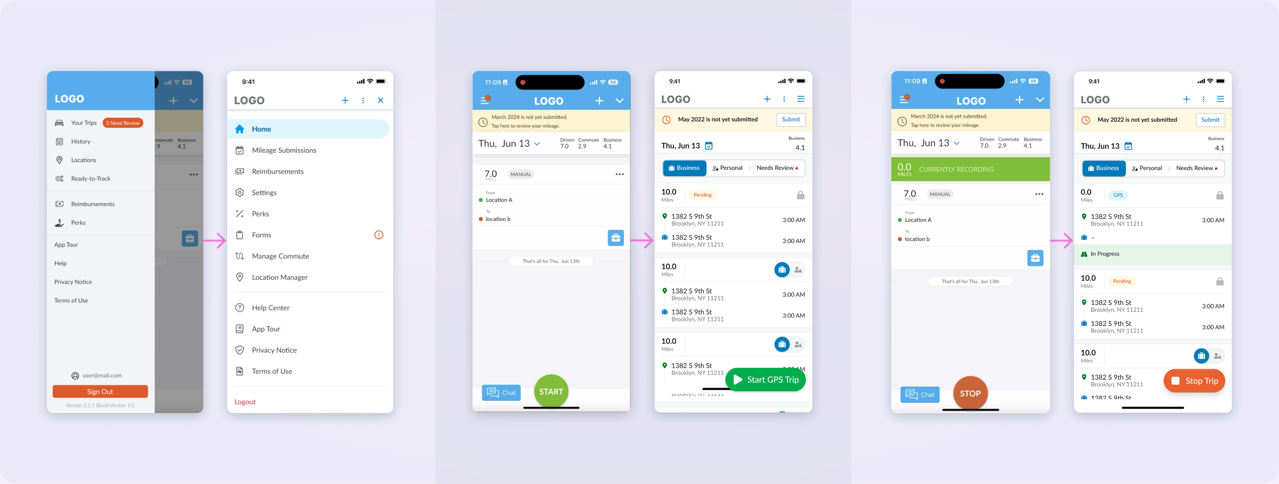 Before and after comparison of three redesigned mobile app screens showing improved navigation, schedule, and trip tracking